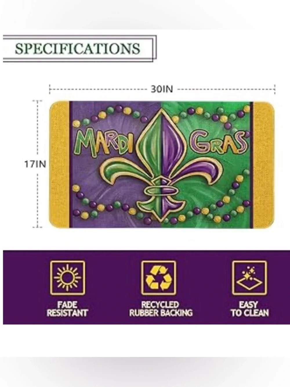 Mardi Gras Table Runner & Floor Mat- Purple, Green & Gold, New